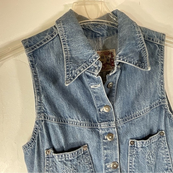 Vintage Denim Sleeveless Maxi Dress Jeans Button Down Fitted Size M - Picture 5 of 12